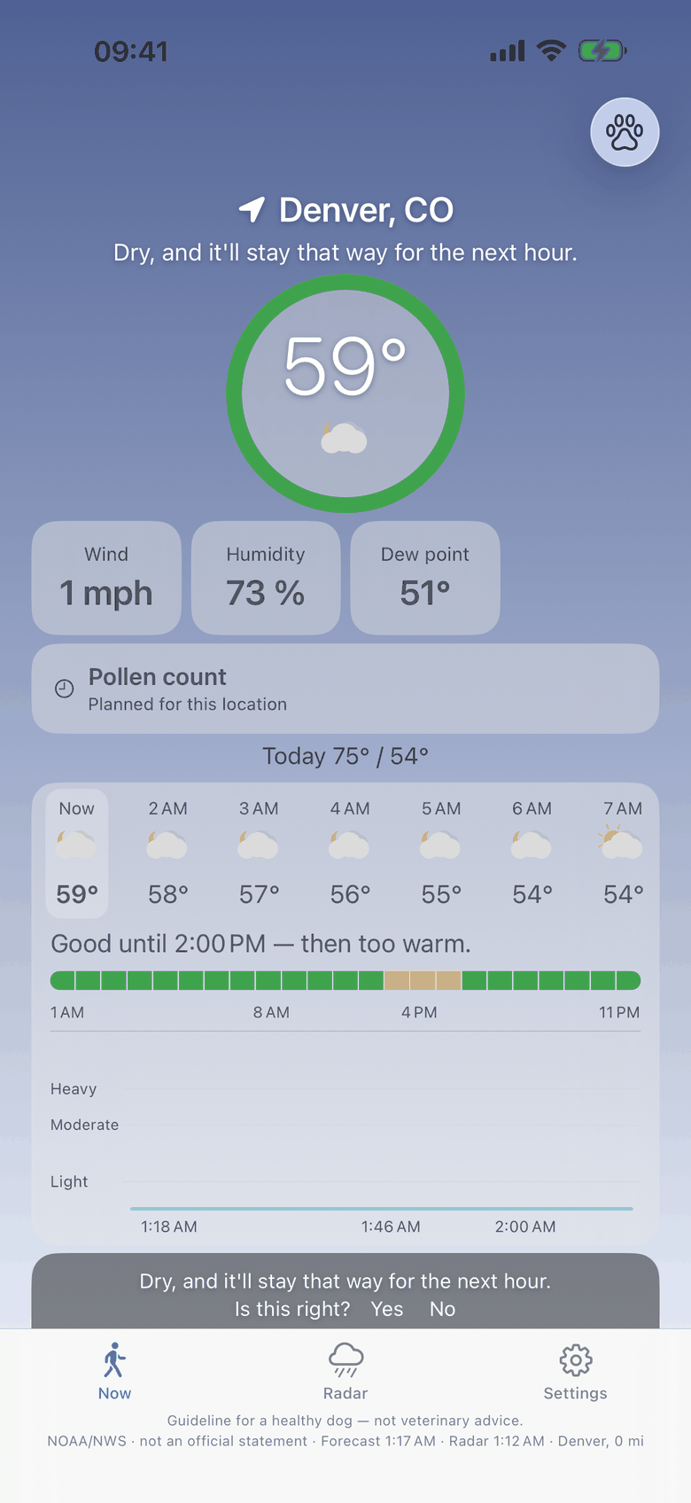 Now screen of the app: the walk light with the temperature, wind, humidity and dew point, the hourly strip and the rain outlook